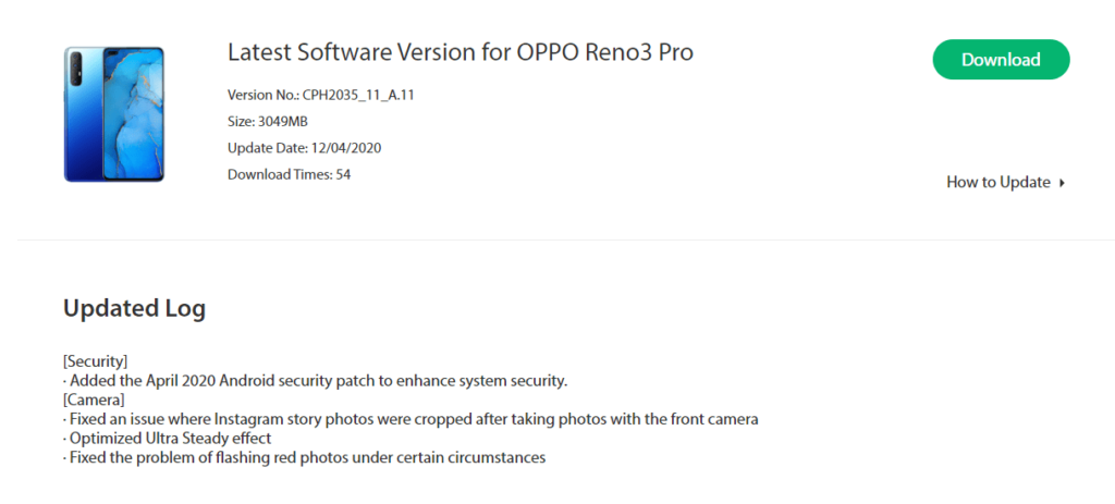 Oppo Reno 3 Pro April 2020 Security Patch Update Optimized Ultra Steady Effect & Much More [CPH2035_11_A.11] - Realmi Updates