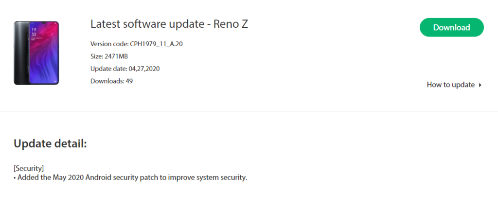 Oppo Reno Z Software Update Page