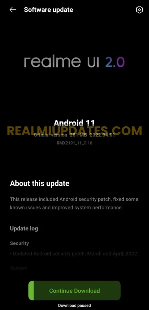 Realme Narzo 20 April 2022 Security Update Screenshot - RealmiUpdates.Com